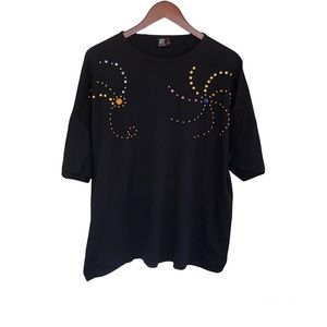 Womens Vintage Black T Shirt Gold Rhinestone Studs Firework Design Plus Size